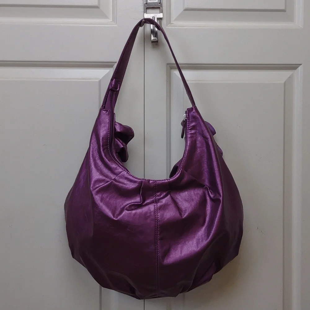 Metallic Purple Ruffles Zip Top Faux Leather Hobo Shoulder Tote Bag NWT